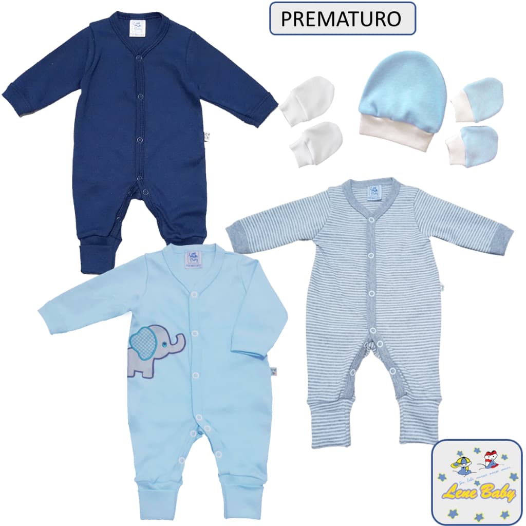 Kit 3 Macacões Longos 2 pares de Luvas 1 Gorro para bebê PREMATURO e Boneca Reborn Suedine 100% Algodão