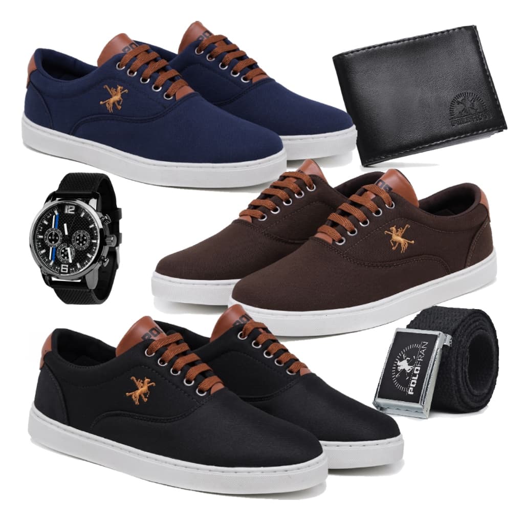 Kit 3 Tênis Sapatenis Masculino Casual Polo Fran + Relógio Carteira Cinto Miami