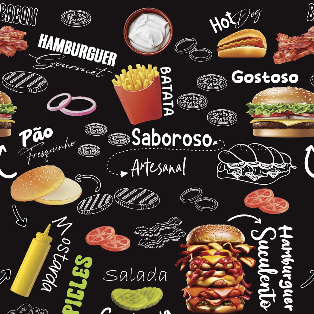 Papel de Parede Adesivo Decoração Cozinha Gourmet Hambúrguer Lanchonete Fast Food Lanche