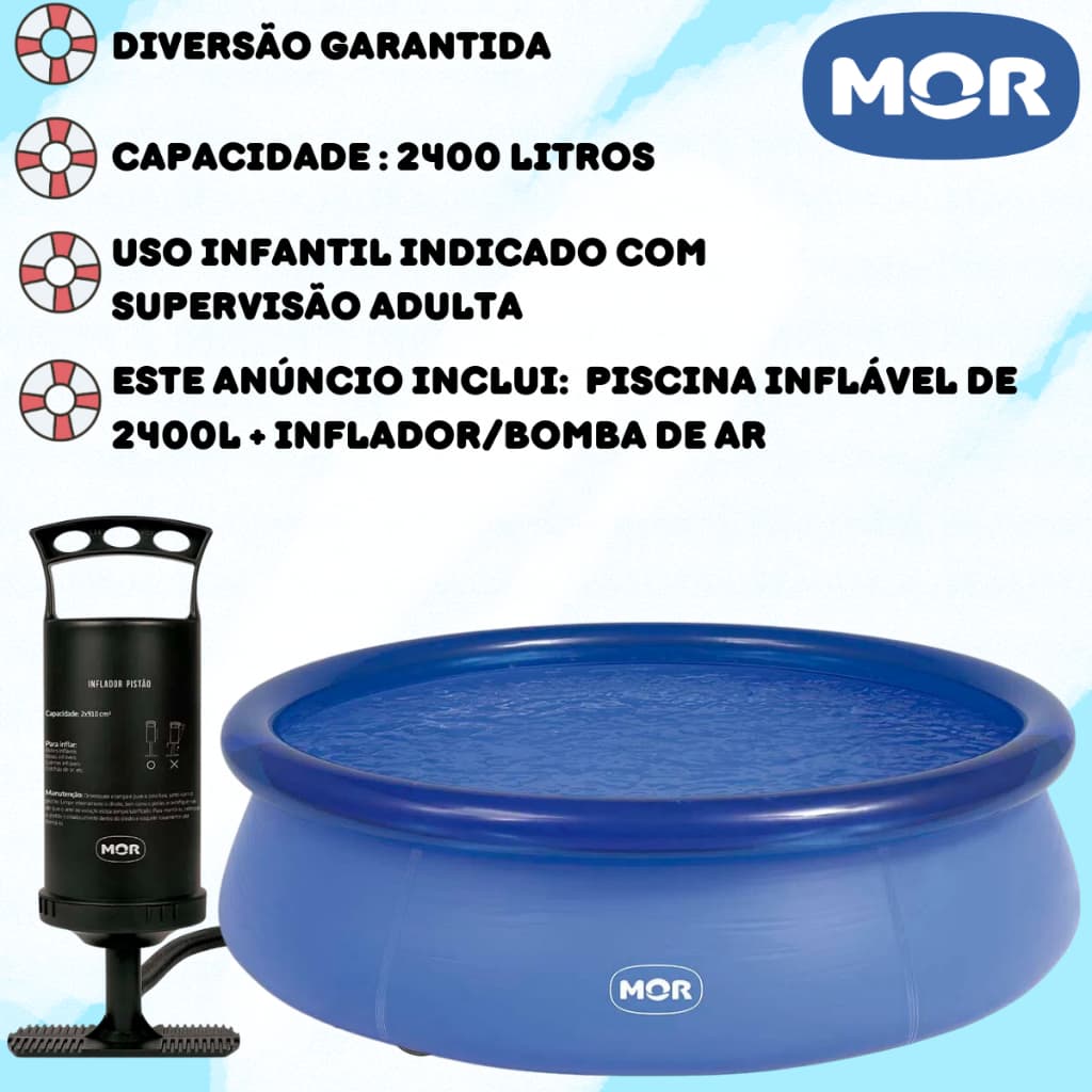 Kit Piscina Inflável Redonda 2400 Litros + Brinde inflador Prático Bomba De Ar Piscina - Mor