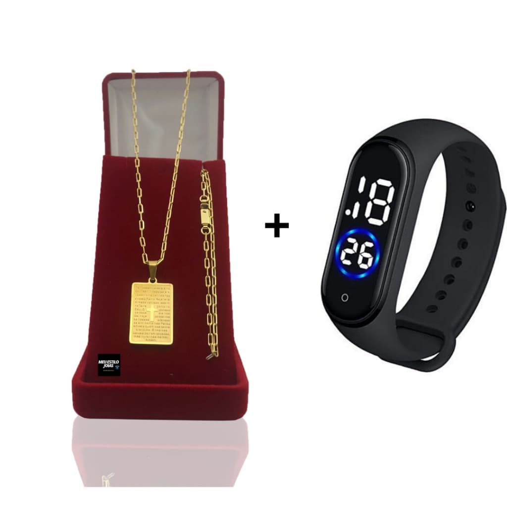 Corrente Masculina Infantil Banhado Ouro 2mm Com Pulseira e Pingente Pai Nosso