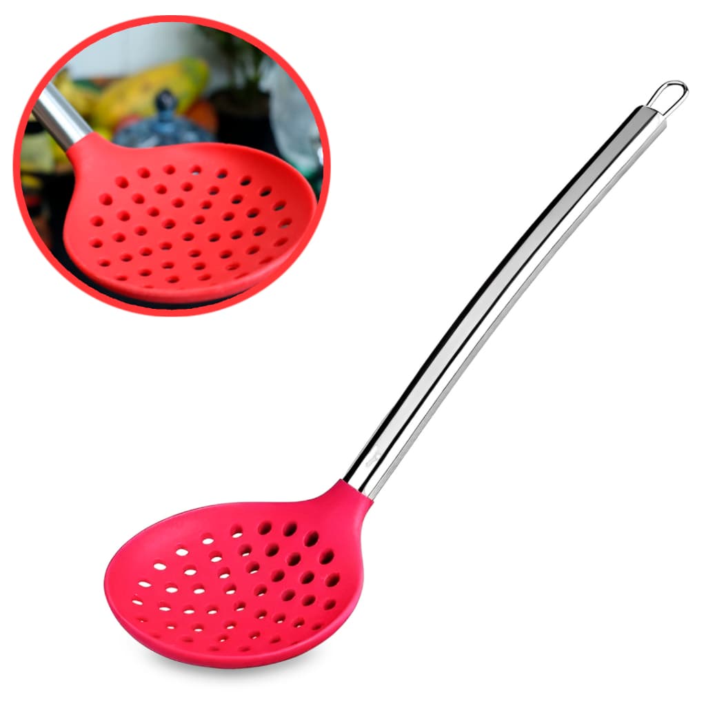 Escumadeira Em Silicone Cabo Aço Inox Vermelha Utensilio Antiaderente