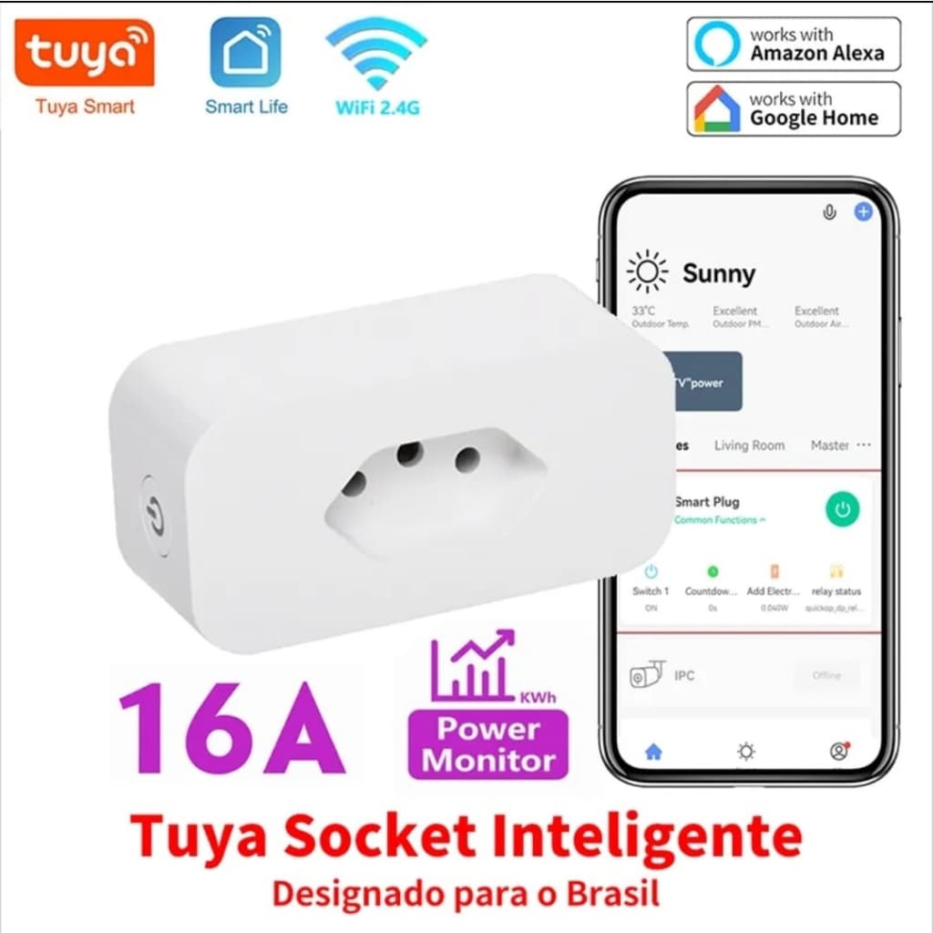 Tomada Inteligente WIFI 16A para Alexa e Google Home Tuya Smart  - com monitor de energia .PRONTA ENTREGA ENVIO RÁPIDO