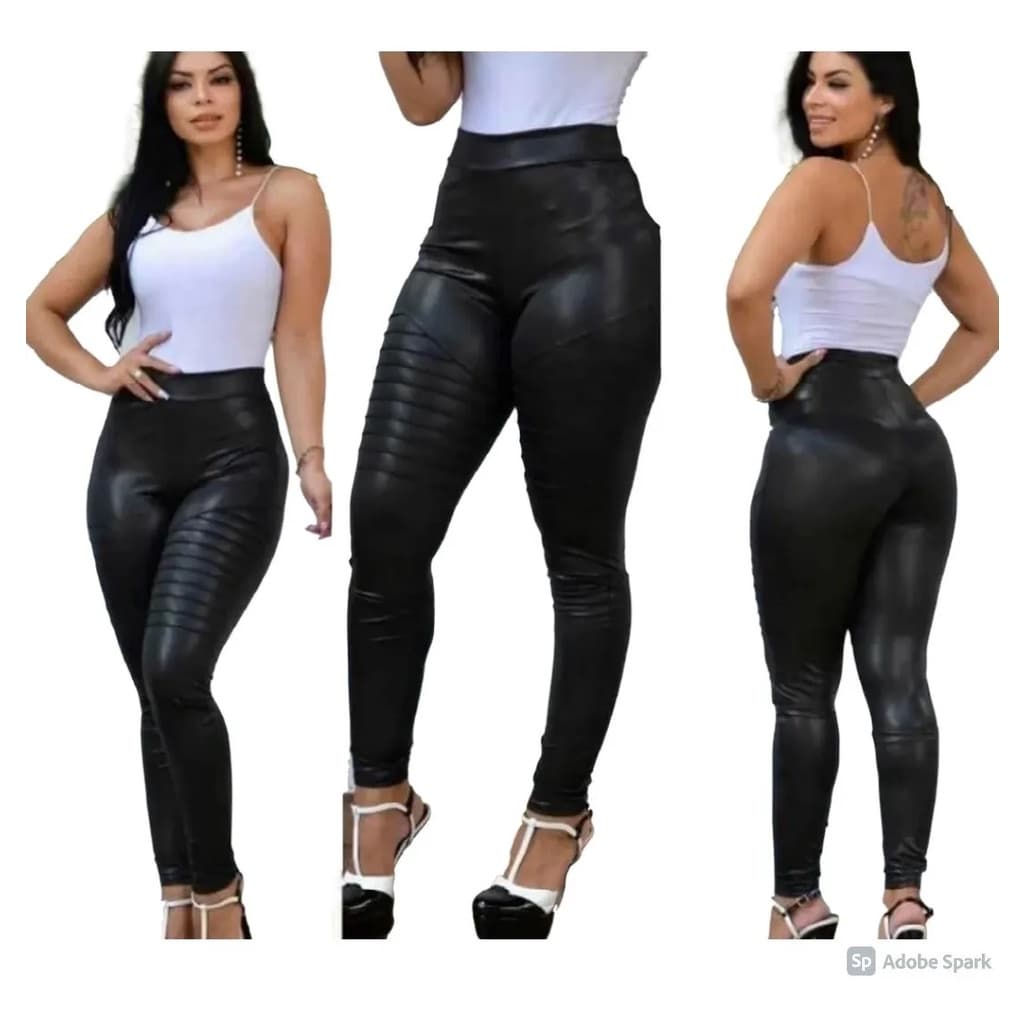 Calça Legging Cirre Skinny Brilhante Tratorada Couro Fake