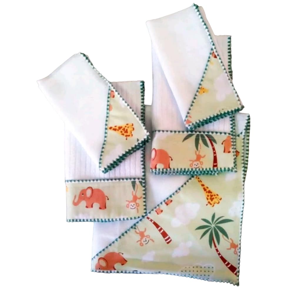 kit maternidade com 1 manta + 2  fralda de boca + 2 toalhas de ombro em tecido fralda 100% algodão Tema safari