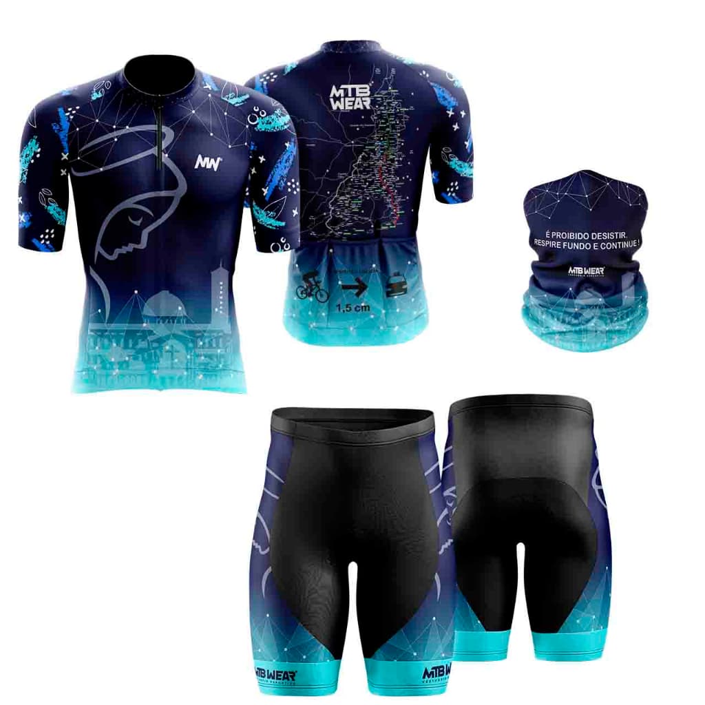 Kit Ciclismo Camisa + Bermuda Forro em Gel + Bandana Nossa Senhora Azul 2023