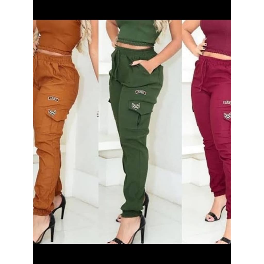 Calça Feminina Jogger Bengaline Cargo Militar Army Bomber