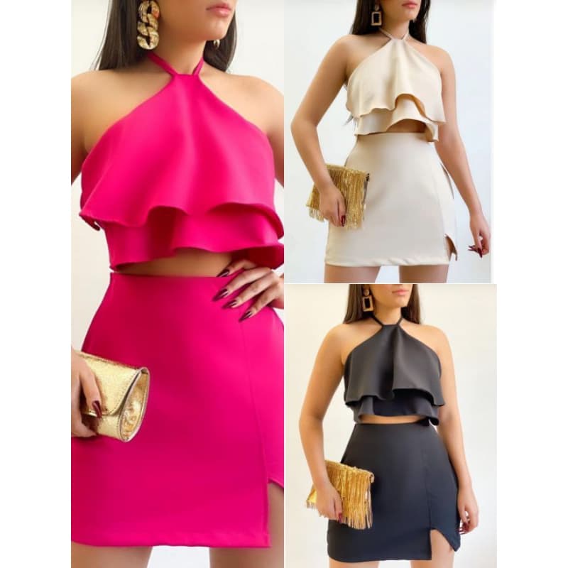 conjunto feminino com babado e short saia/ moda blogueira 2025/ branco réveillon/ vinho natal