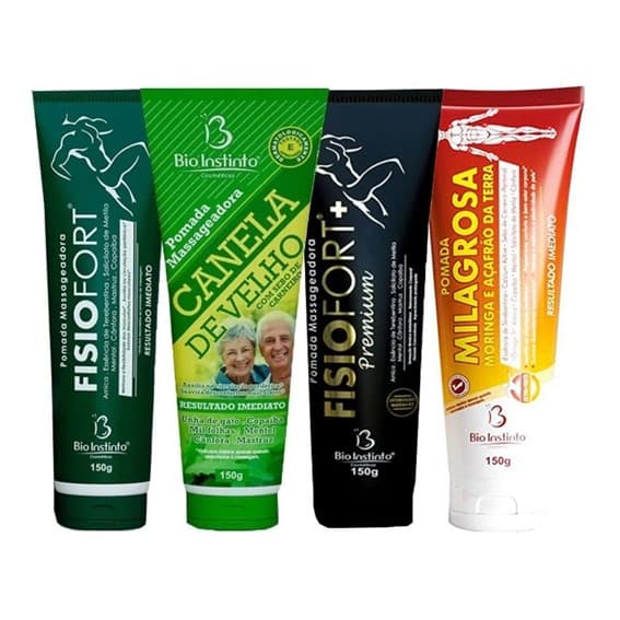 Kit com 4 Pomadas Massageadoras 150g Bio Instinto  - Fisiofort - Canela de velho  - Milagrosa  - Fisiofort+Premium