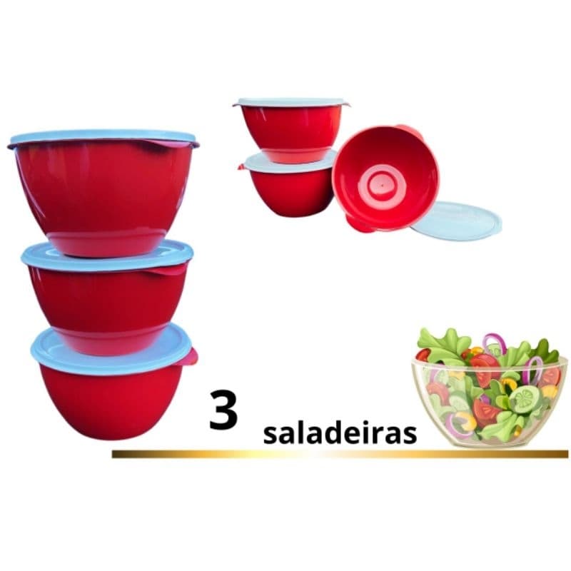 Kit 3 saladeira VERMELHO pote/vasilhas/tapoer/tigela