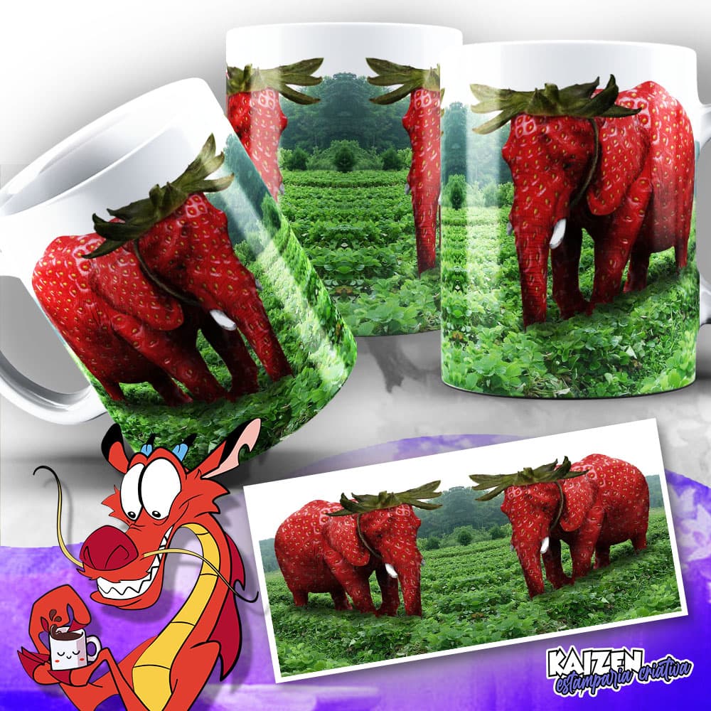 Caneca Meme - Strawberry Elephant - Elefante Morango - Cerâmica