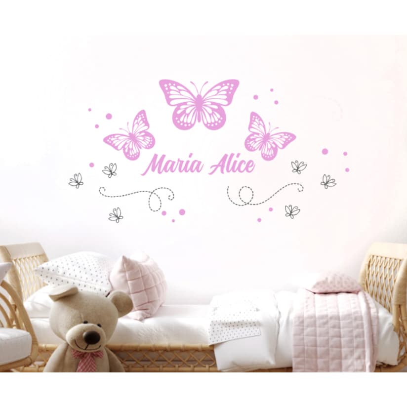 Adesivo de parede infantil 3 borboletas, nome personalizado, menina, quarto, decoração
