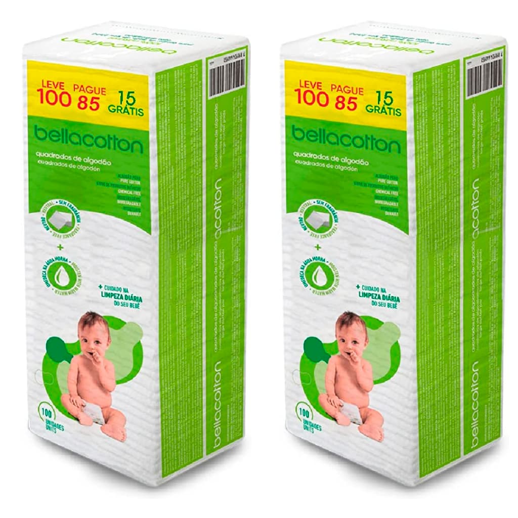 Quadrado Algodão Bebê BellaCotton - Kit c/ 2 pacotes 100 unidades Cada