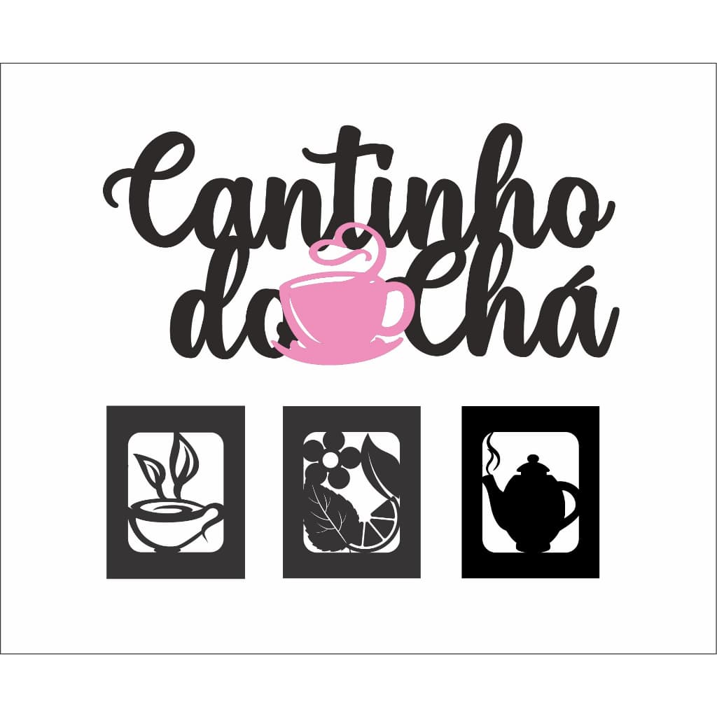 APLIQUE CANTINHO DO CHÁ PRETO E ROSA 4 PEÇAS 30CM MDF ALTGO RELEVO DECORAÇÃO CASA E COZINHA