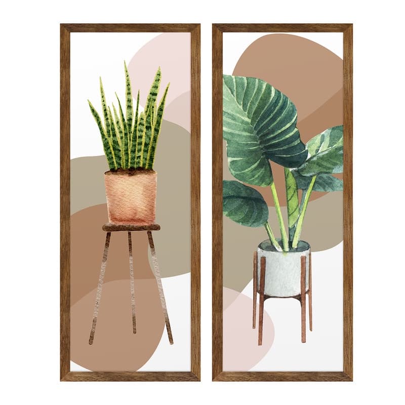 kit 2 quadros plantas verdes vasos tons marrons borda marron