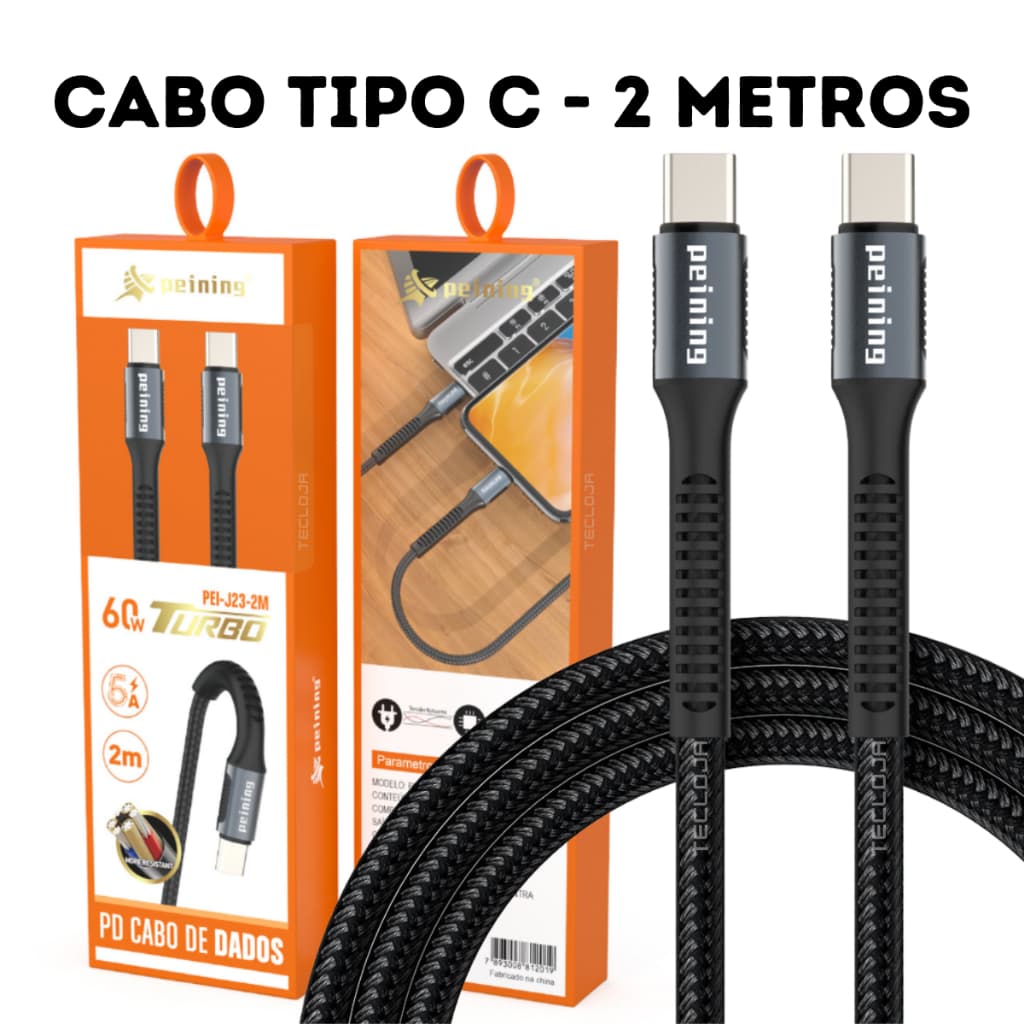 Cabo USB Tipo C Ultra Rápido 2 Metros Cabo De Carga Rápida Tipo C PD 60W Cabo Tipo C Para Tipo C Turbo Nylon 2 Metros