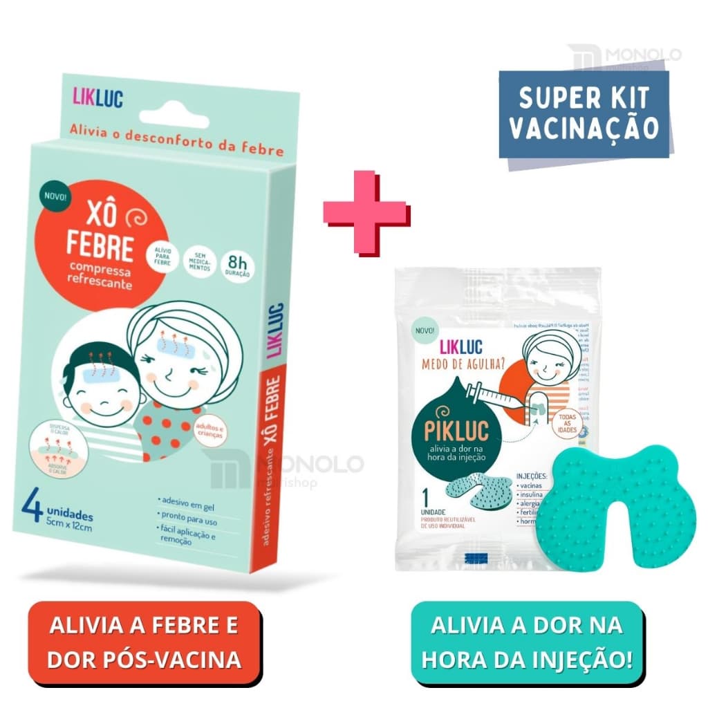 Kit Xô Febre + Pikluc Alívio Febre e Dor Vacina Injeção Bebê Compressas Refrescantes Gel Adesivo
