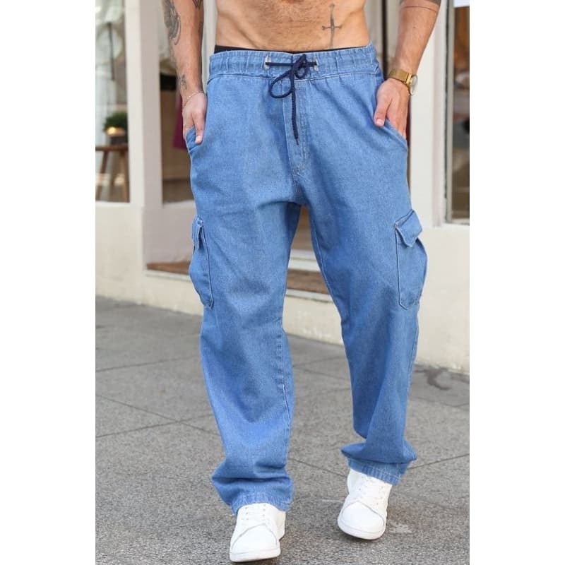 Calça Jeans Cargo Balao Clara Larga Sk8 Streetwear Style