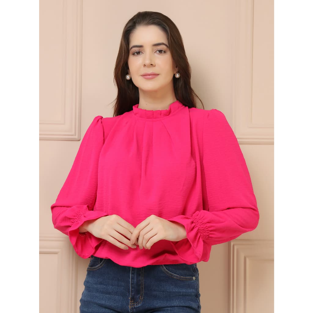 BLUSA FEMININA LISA MANGA LONGA CREPE DUNA GOLA ALTA E LAÇO ATRÁS