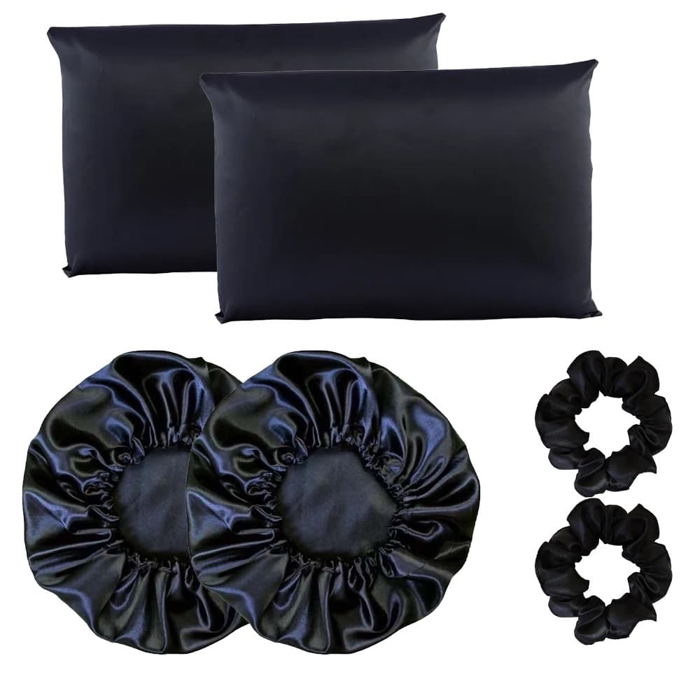 Kit Cetim Anti Frizz 2 Fronhas + 2 Toucas + 2 Scrunchie Tratamento Cabelo Preto Cores Variadas