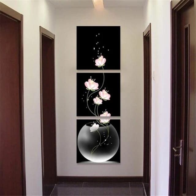 Kit Quadros Decorativos Mosaico 3 Peças Trio Flor Branca Rosa Vaso Flor Delicado Cozinha Escritório