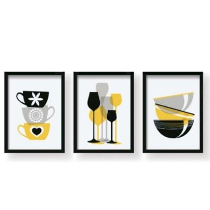 Kit Quadros Decorativos Mosaico 3 Peças Cozinha Cantinho do Café Vinho Minimalista Amarelo Preto