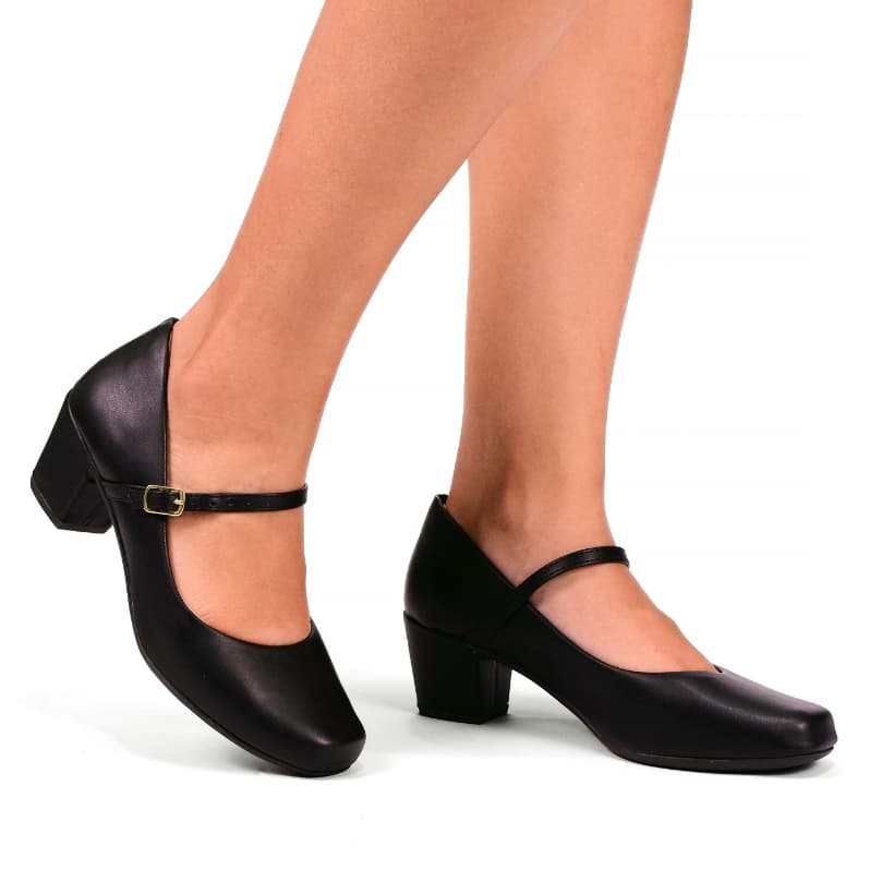 Sapato Scarpin de Salto Feminino Boneca Bailarina Bico Quadrado Salto Bloco Alto Grosso Santorine Napa Novo Confort