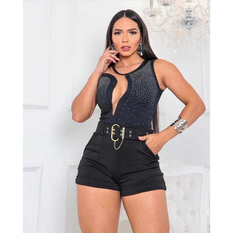 Body Feminino Decote Lateral Em Tule Com Aplicação De Strass Manga Regata/ Moda Casual E Elegante/Blusas Feminina
