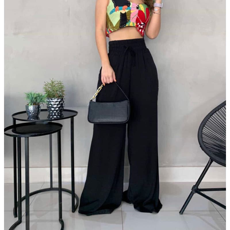 Calça pantalona de duna feminina cintura alta com elástico na cintura pra verão