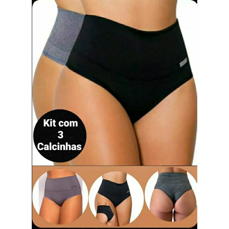 kit 3 calcinha modeladora cós alto reduz medida cinta seca barriga fitness compressão abdominal cós duplo confortável