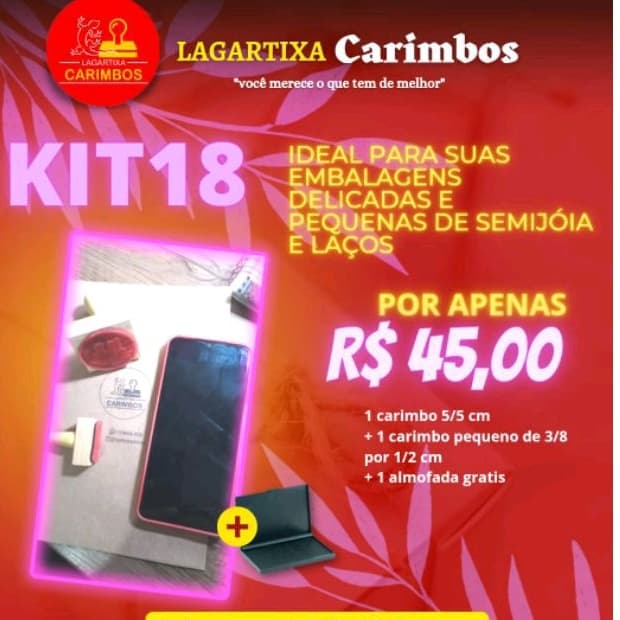 kit 18 carimbos personalizados(1 carimbo 5/5 cm + 1 carimbo 3,8 por 1,2 cm com almofada grátis )