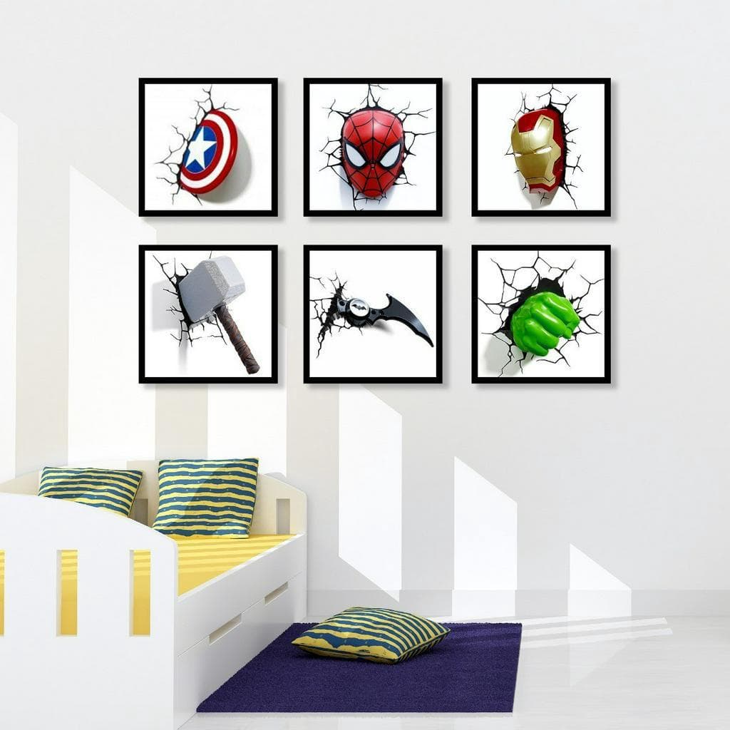 Kit Quadros Decorativos Mosaico 6 Peças Super Herois Vingadores Avengers Quadrinhos Desenho Decorar