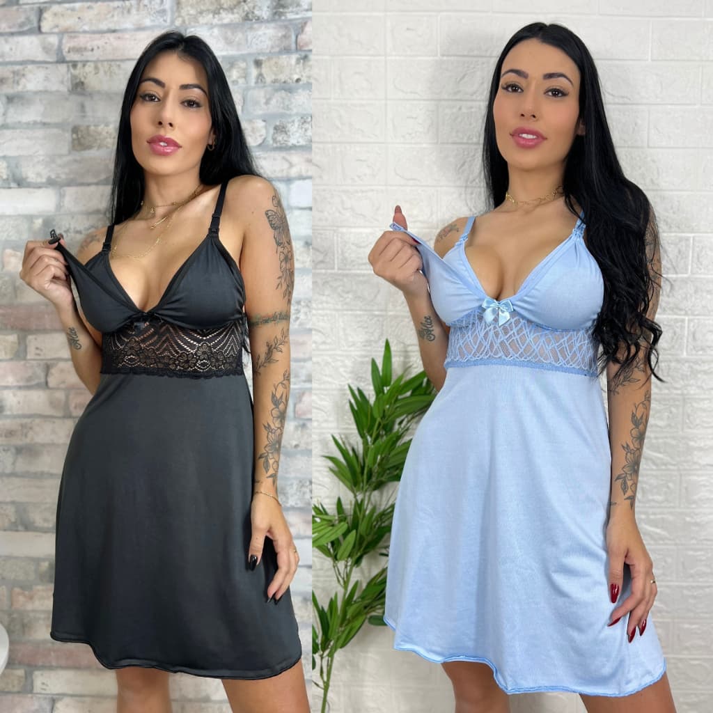 KIT 02 Camisolas Amamentação com Detalhe em Renda Saída Maternidade Grávida Gestante Lactante.