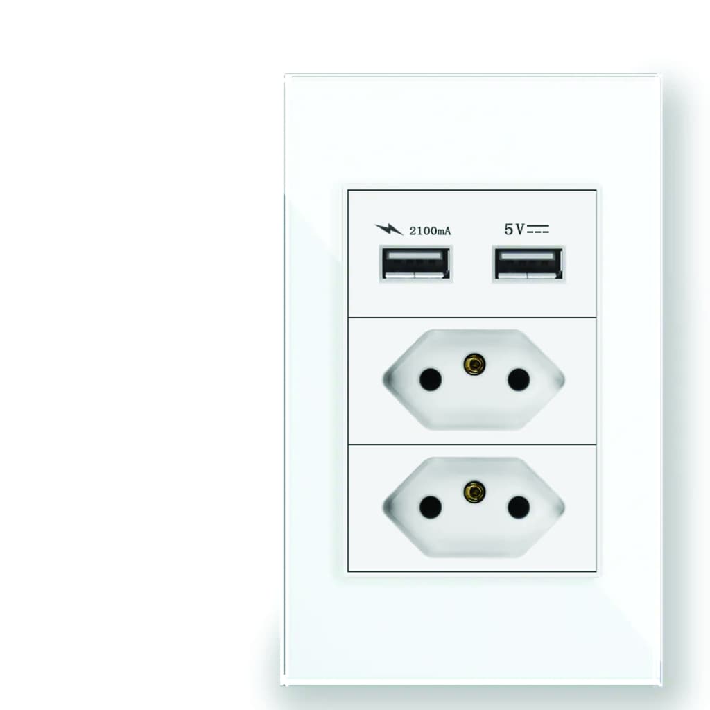 Tomada usb com painel de vidro temperado com dupla porta usb - tomada de luxo com material à prova de fogo