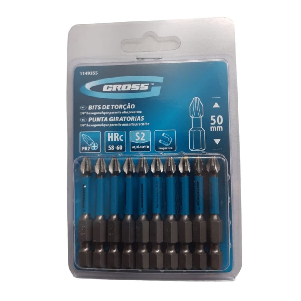 Ponta Bits de Impacto PH2 50MM Ponteira Magnética Philips 1/4 Kit 10 Peças Torção Conexão Rosqueada Gross