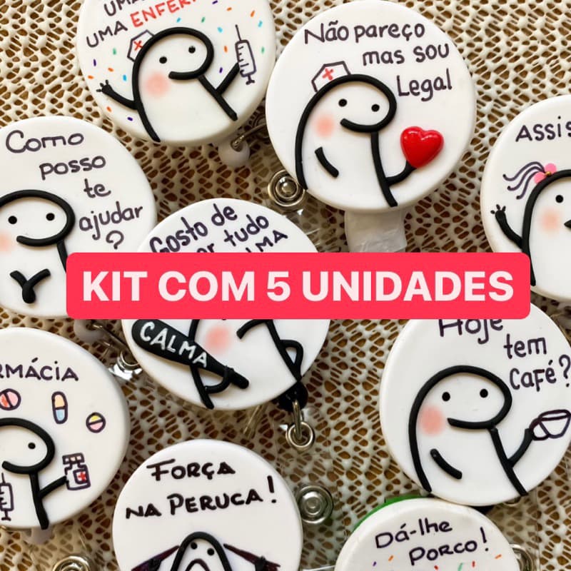 Kit Econômico com 5 Porta-crachás Retrátil Flork Personalizado em Biscuit (escolher modelo pelo chat)