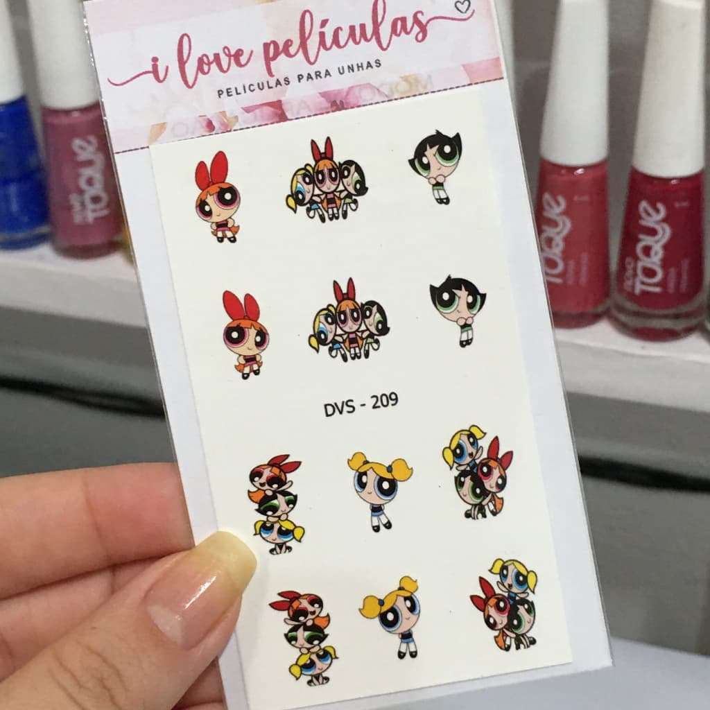 Película de unha meninas super poderosas cartela com 12 adesivos DVS - 209 Adesivos,películas,unhas,nails art,unhas decoradas, meninas super poderosas