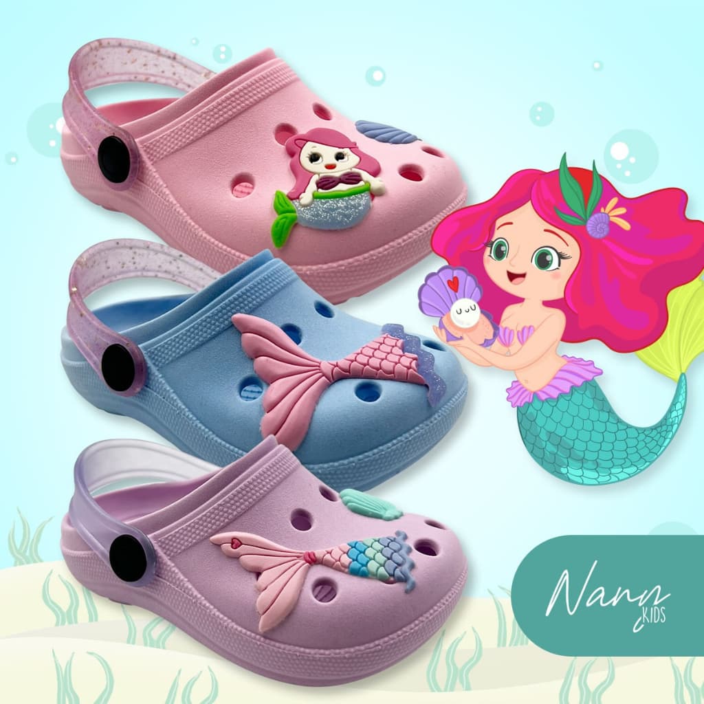 Sandália Babuche, Papete Infatil  Sereia Para  Meninas Com Desenhos 3D, Flexível, Leve e Prático - Nany kids