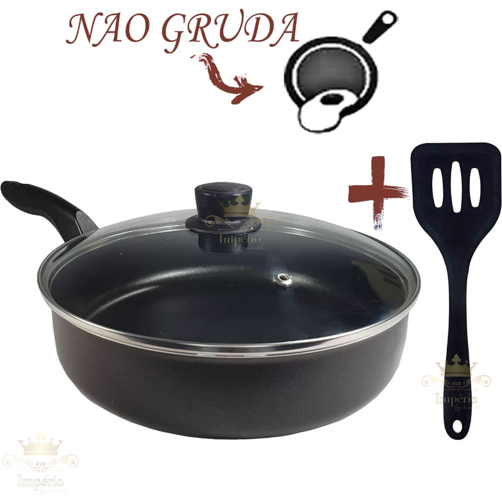 Frigideira Alta 22 Cm Com Tampa De Vidro E Espátula Antiaderente Com 5 Camadas De Teflon Cor Preta Gold Frigideira Grande Funda Alumínio Resistente
