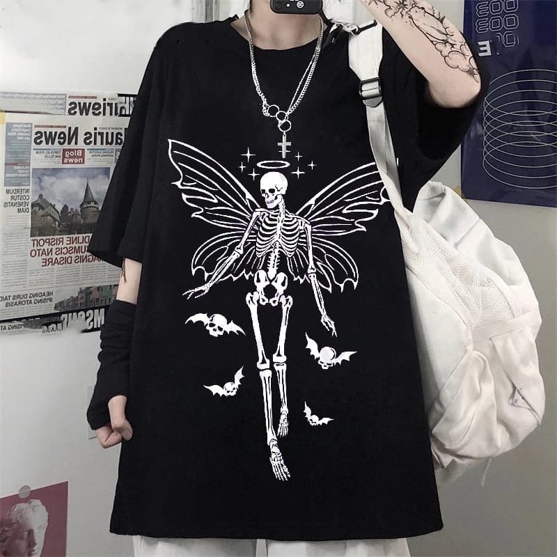 Camiseta T-shirt Algodão Blusa Caveira Esqueleto Moda Punk Shull Butterfly Unissex  PLUS SIZE