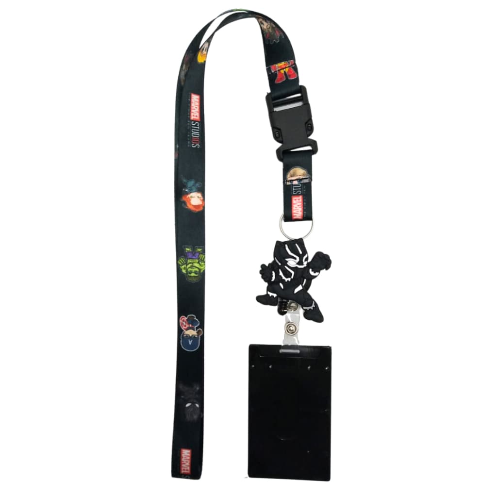 Kit Cordão Pescoço com Fecho Engate Rápido Heróis + Porta Crachá Retrátil Pantera Negra + Porta Cartão Preto