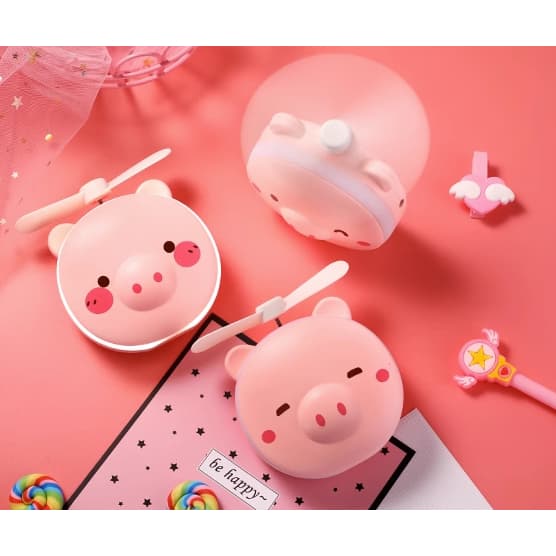 Mini Espelho Ventilador Porquinho Rosa Usb Iluminação Luz Led Para Maquiagem Portátil