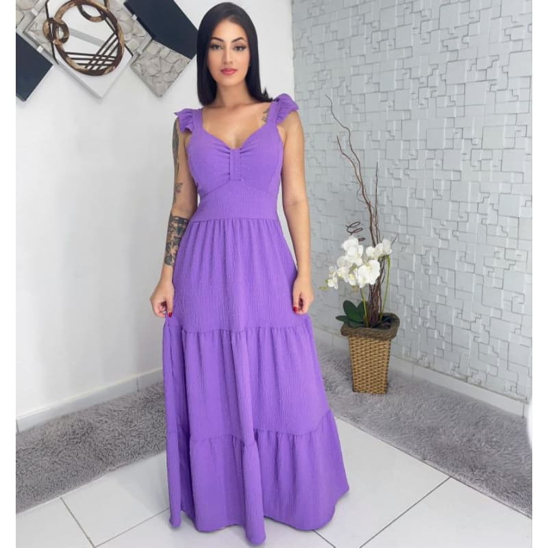 Vestido Longo Luxo franzido com babadao na manga 9314