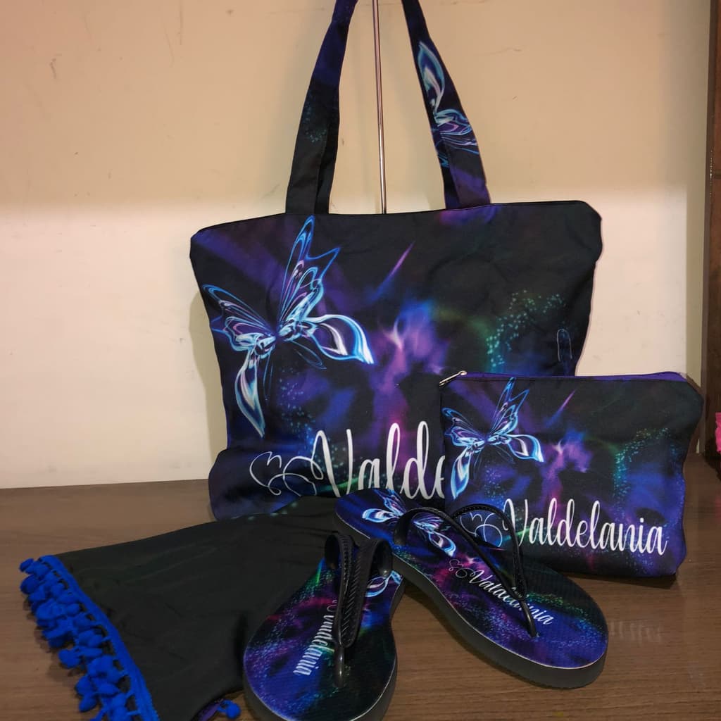 Kit de Canga Bolsa Chinelo Necesseceire  de Praia Personalizado Borboleta Neon