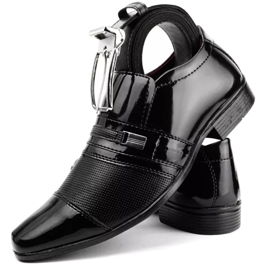 Sapato social masculino cor preto verniz moderno leve confortável + cinto dupla face social