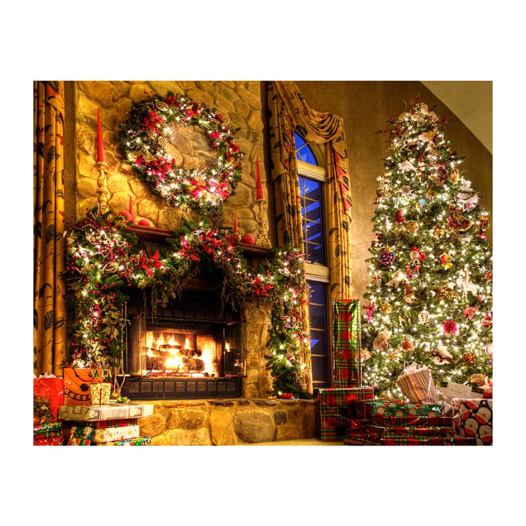 Fundo Fotográfico 2x1,60mts LxA em malha Sublimada Árvore de Natal e Lareira Iluminada