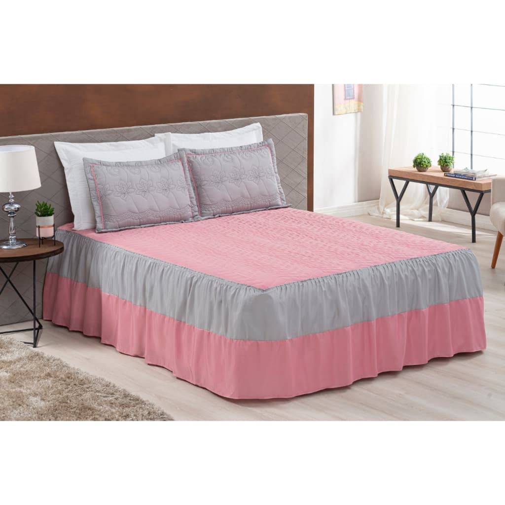 Kit Colcha Cobre Leito Casal Barbara 3 Peças- Cinza com Rose