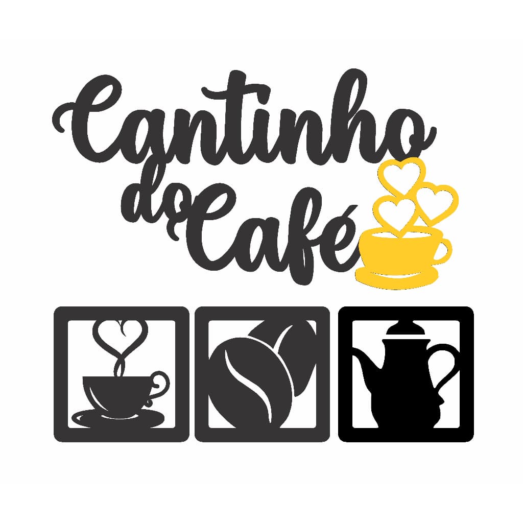 KIT CANTINHO DO CAFÉ 4 PEÇAS PRETO E AMARELO MDF ALTO RELEVO 30CM