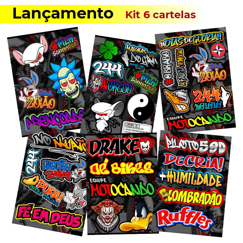 Kit 6 Cartelas com 37 Adesivos Kc02 Carro Moto Caminhão Bike Coelho 244