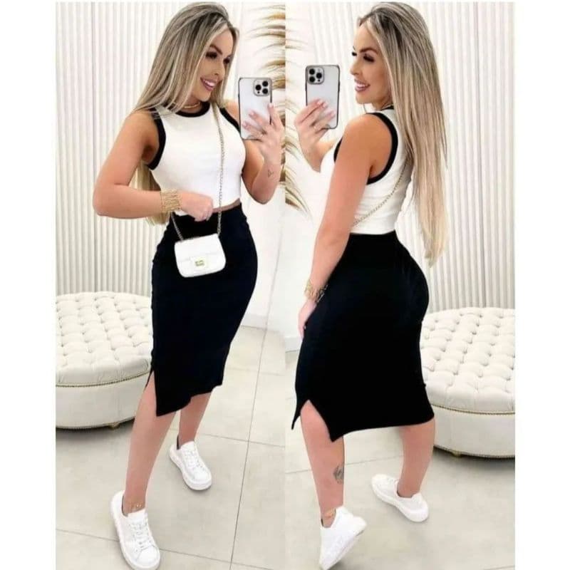 conjunto feminino cropped e saia Midi/tendência verão/ moda blogueira